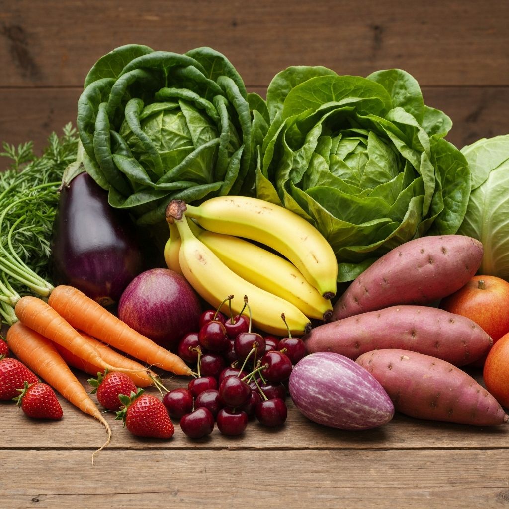 Свежи органични зеленчуци и плодове на рустична дървена повърхност