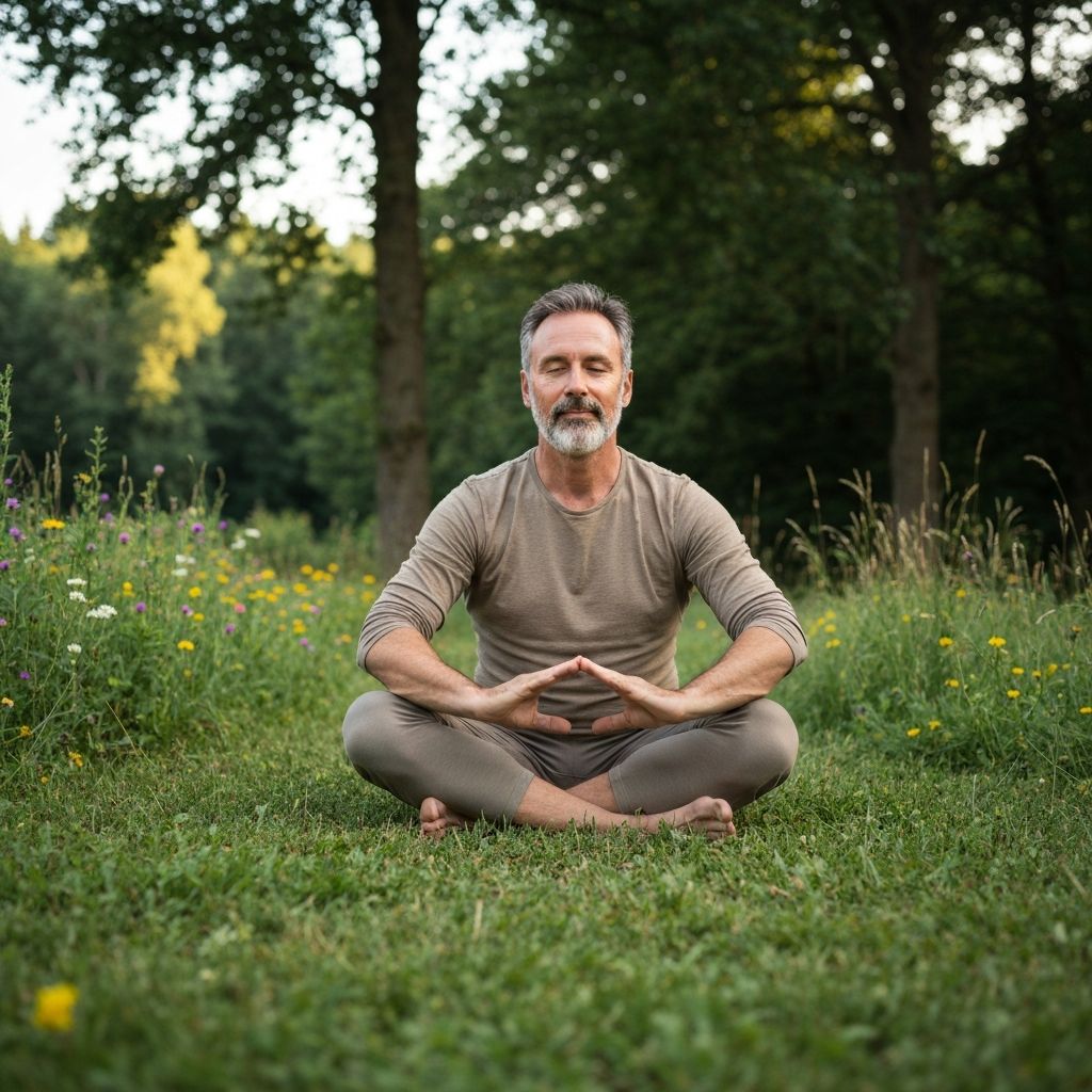 Човек правещ йога в спокойна естествена среда